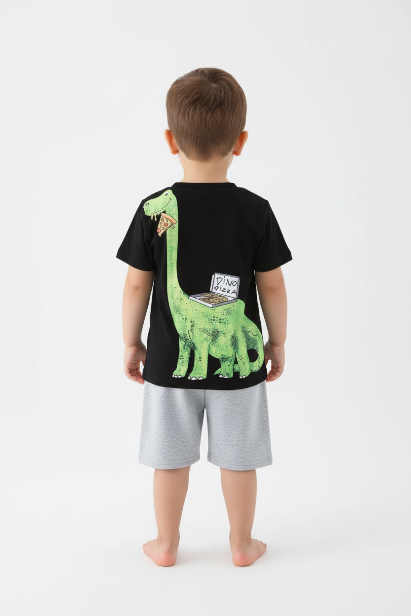 Enfant en ensemble DINO PIZZA noir - vue de dos montrant t-shirt et short - BabyCoton