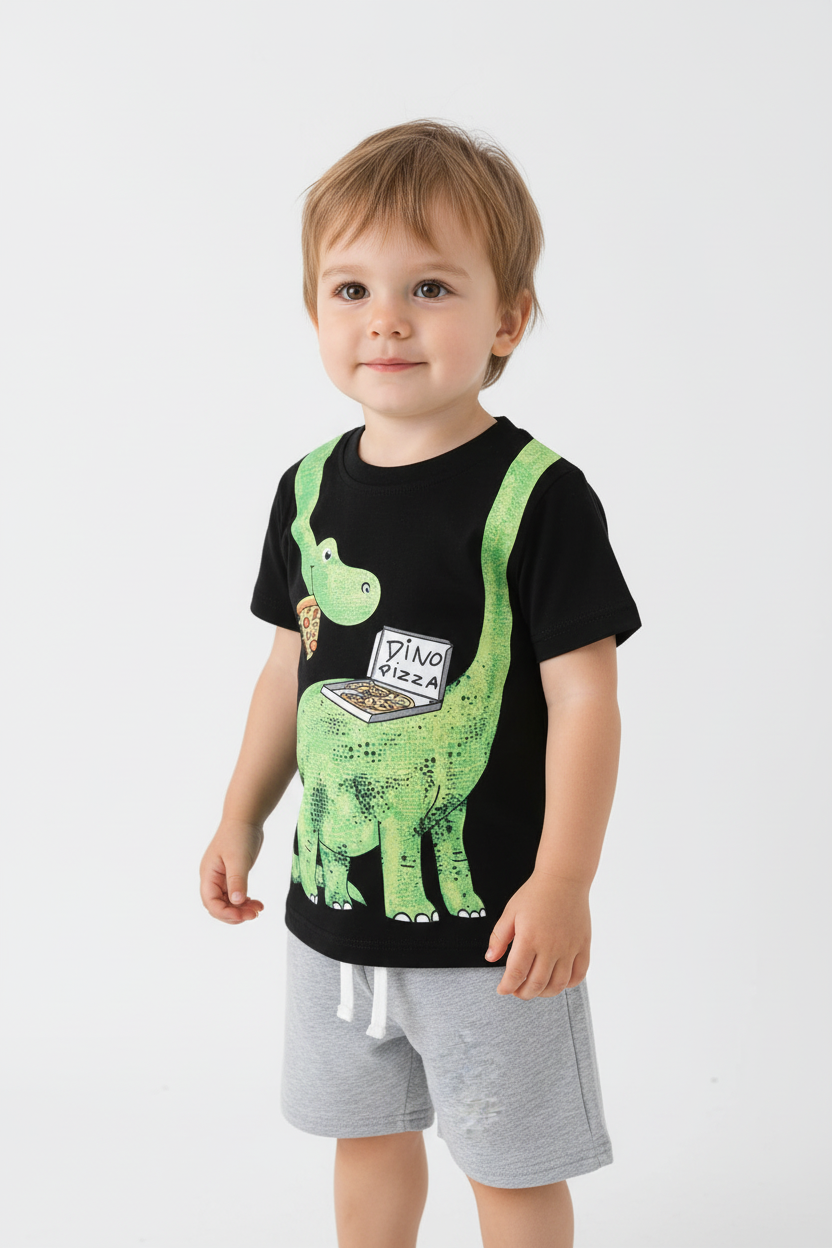 Enfant en ensemble DINO PIZZA noir - vue trois-quarts montrant ensemble complet 2 pièces - BabyCoton