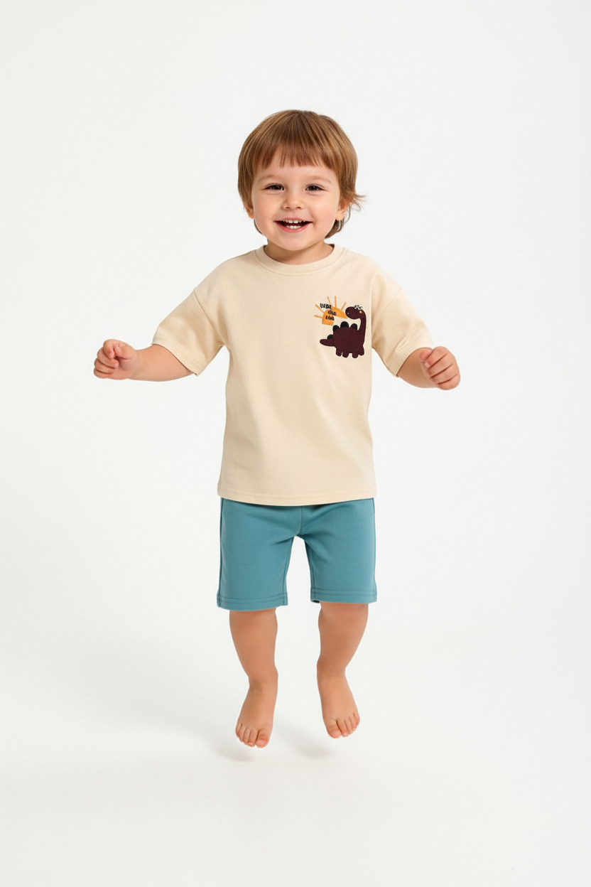 Enfant en ensemble dinosaure beige et bleu - saut joyeux - tenue été enfant active - BabyCoton