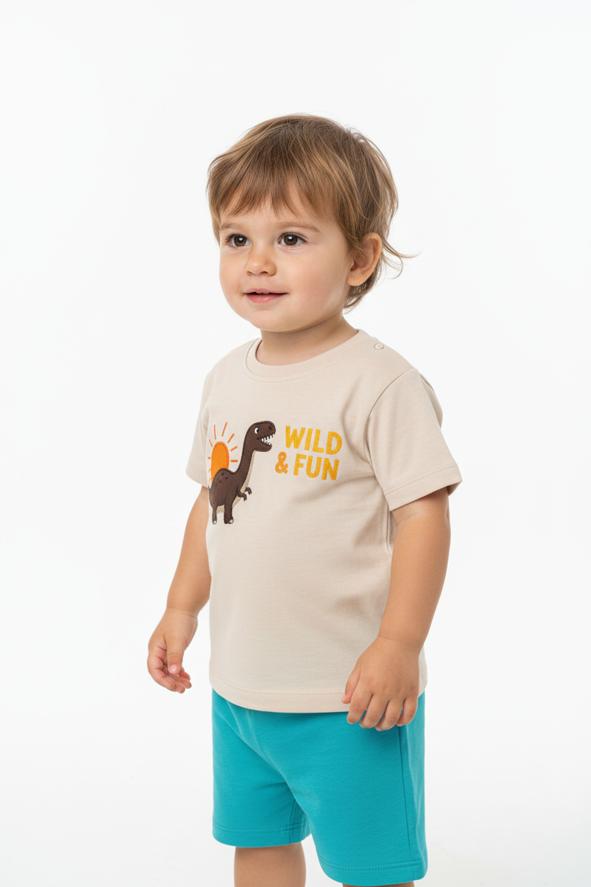 Enfant en ensemble dinosaure beige et bleu - vue trois-quarts montrant ensemble complet 2 pièces - BabyCoton
