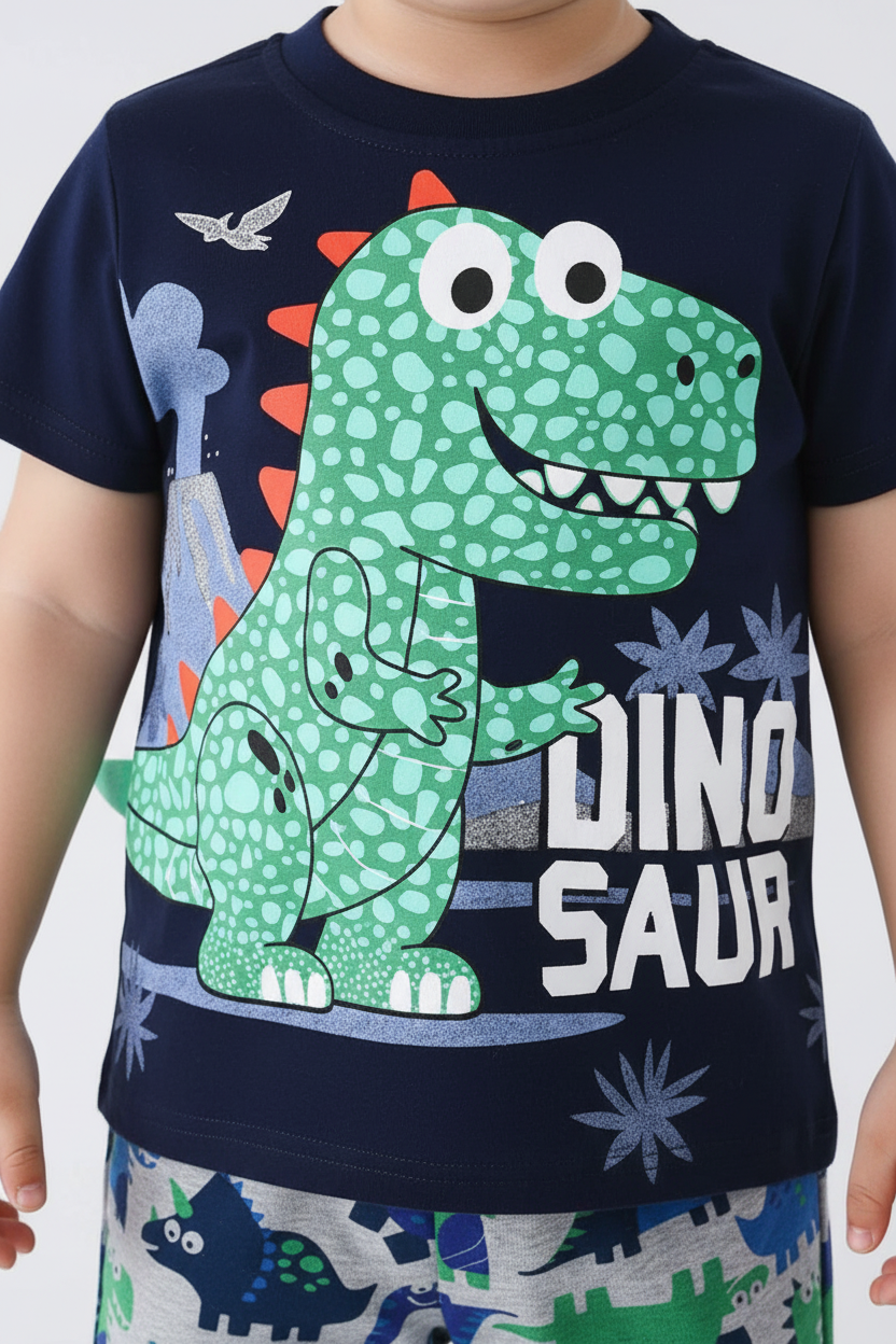 Enfant en ensemble dinosaure bleu marine - détail appliqué dinosaure vert avec texte DINOSAUR - BabyCoton