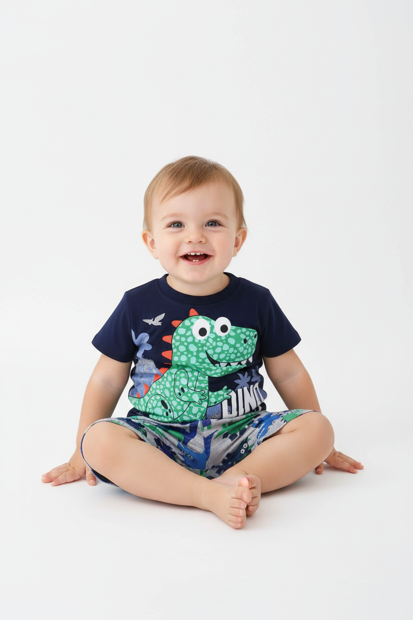 Enfant en ensemble dinosaure bleu marine - pose assise adorable - vêtement enfant confortable - BabyCoton