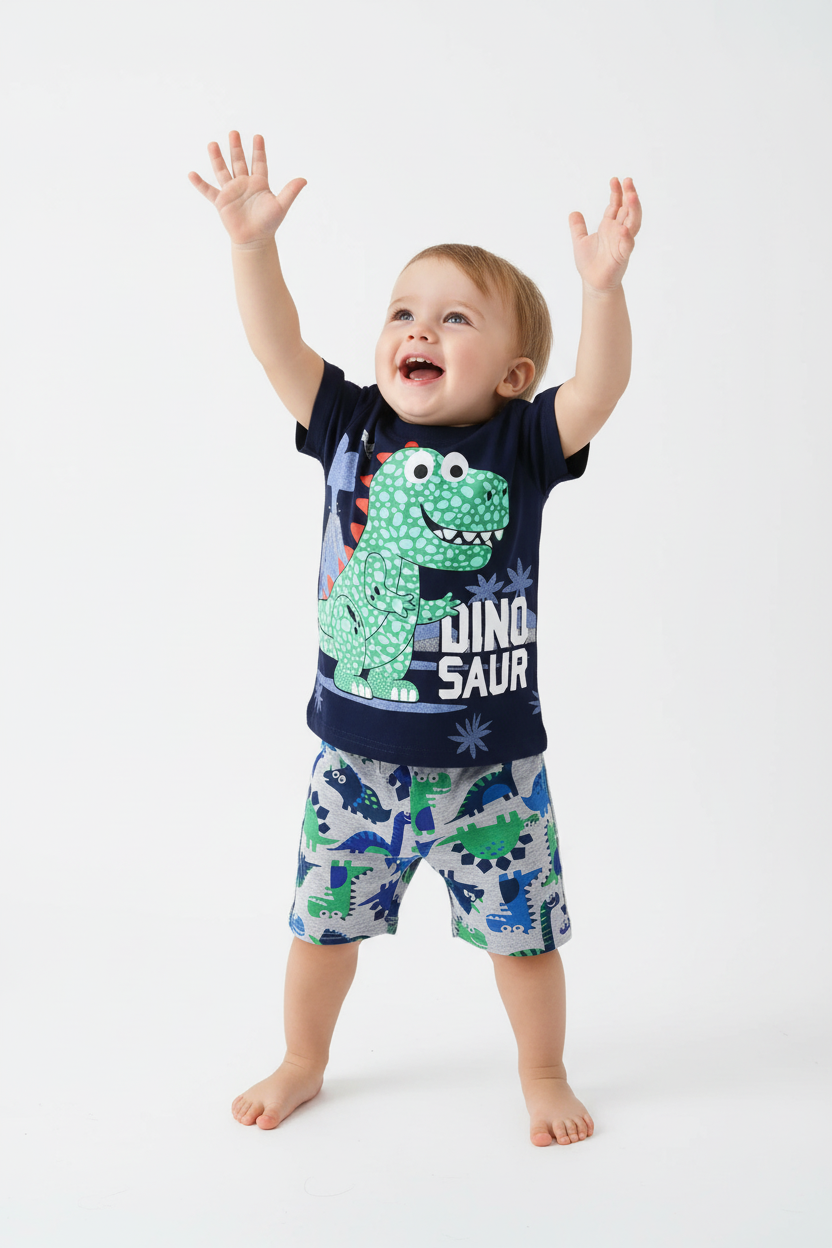 Enfant en ensemble dinosaure bleu marine - pose bras levés joyeuse - tenue ludique enfant - BabyCoton