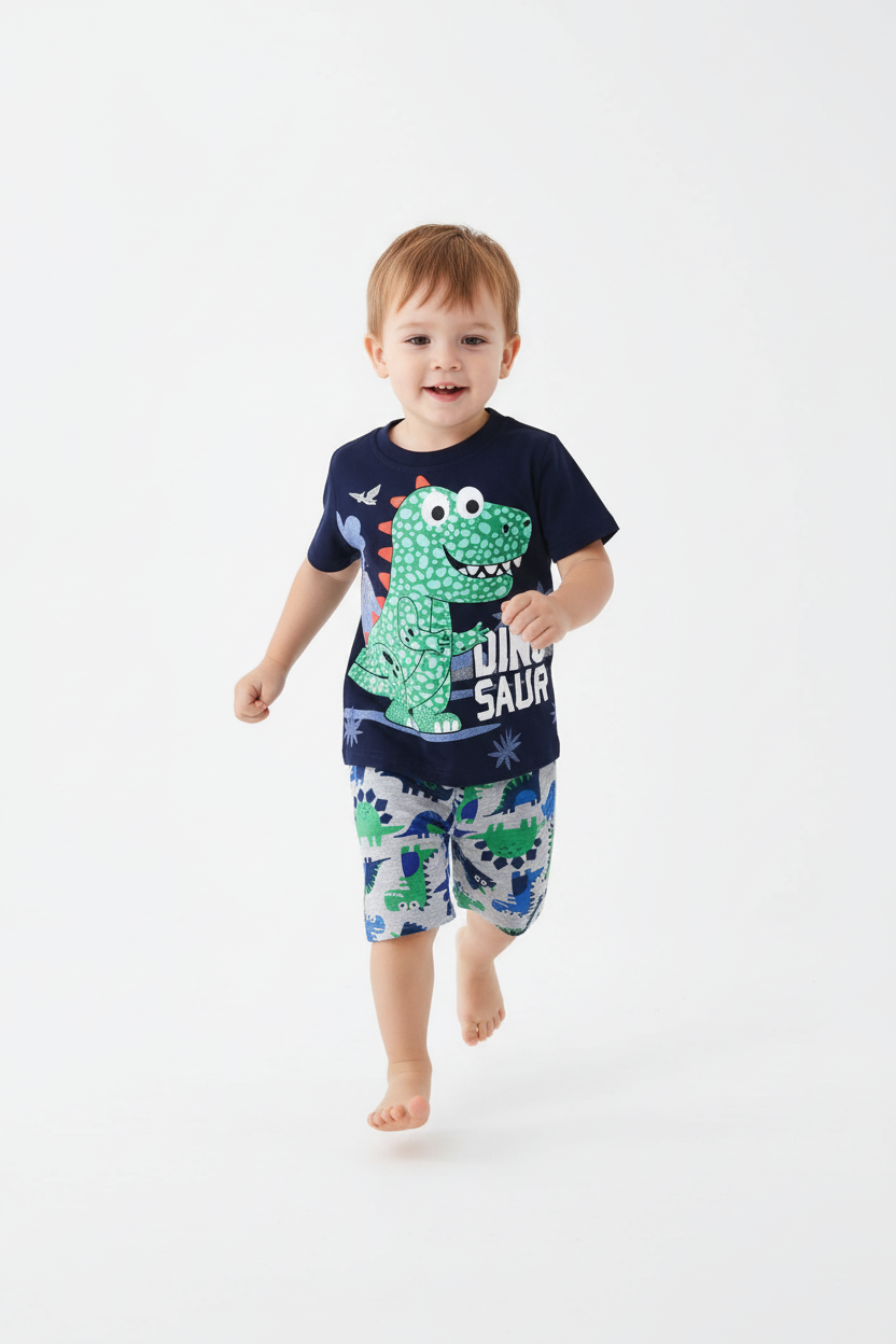 Enfant en ensemble dinosaure bleu marine - pose en course dynamique - tenue été enfant confortable - BabyCoton