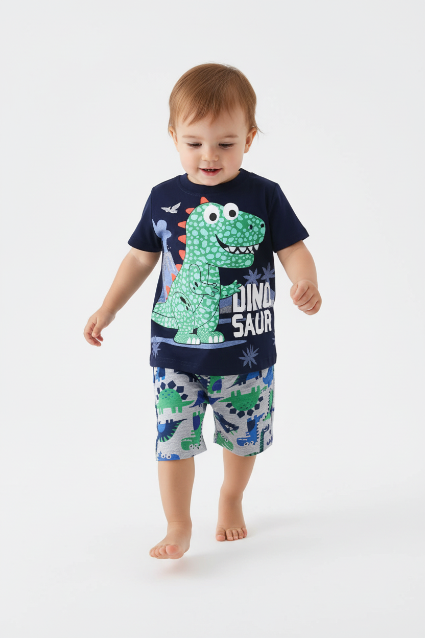 Enfant en ensemble dinosaure bleu marine - pose en marche - tenue décontractée enfant - BabyCoton