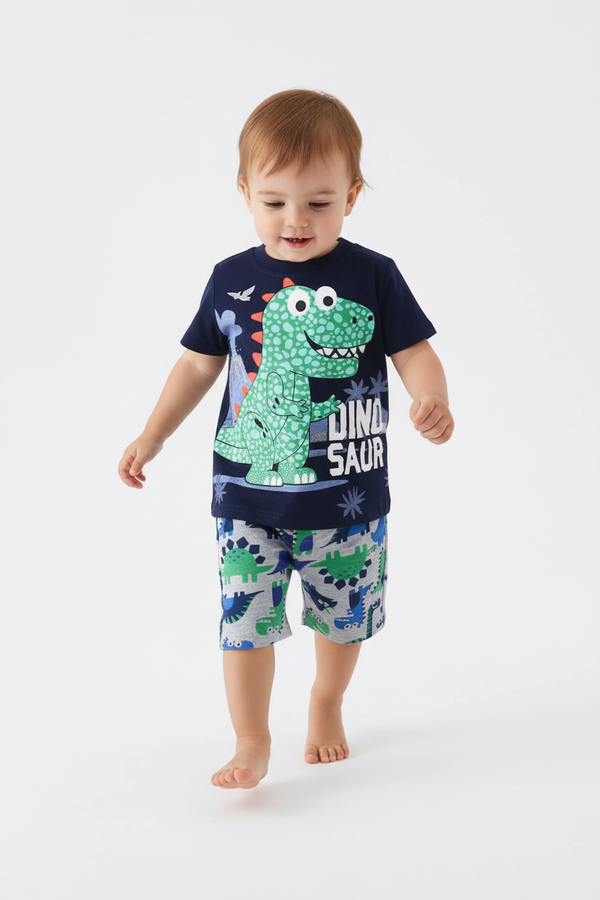 Enfant en ensemble dinosaure bleu marine - pose en marche - tenue décontractée enfant - BabyCoton