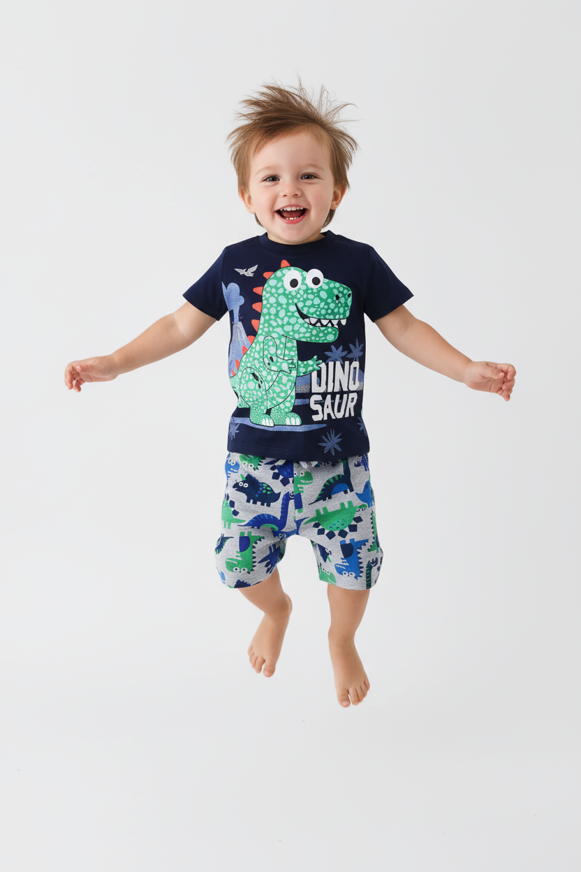 Enfant en ensemble dinosaure bleu marine - saut joyeux - tenue été enfant active - BabyCoton