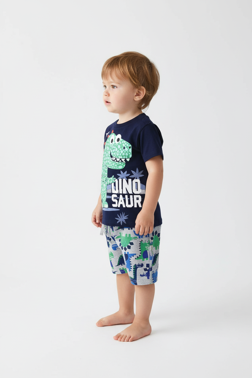 Enfant en ensemble dinosaure bleu marine - t-shirt appliqué dinosaure vert et short imprimé dinosaures colorés - vue de côté - BabyCoton