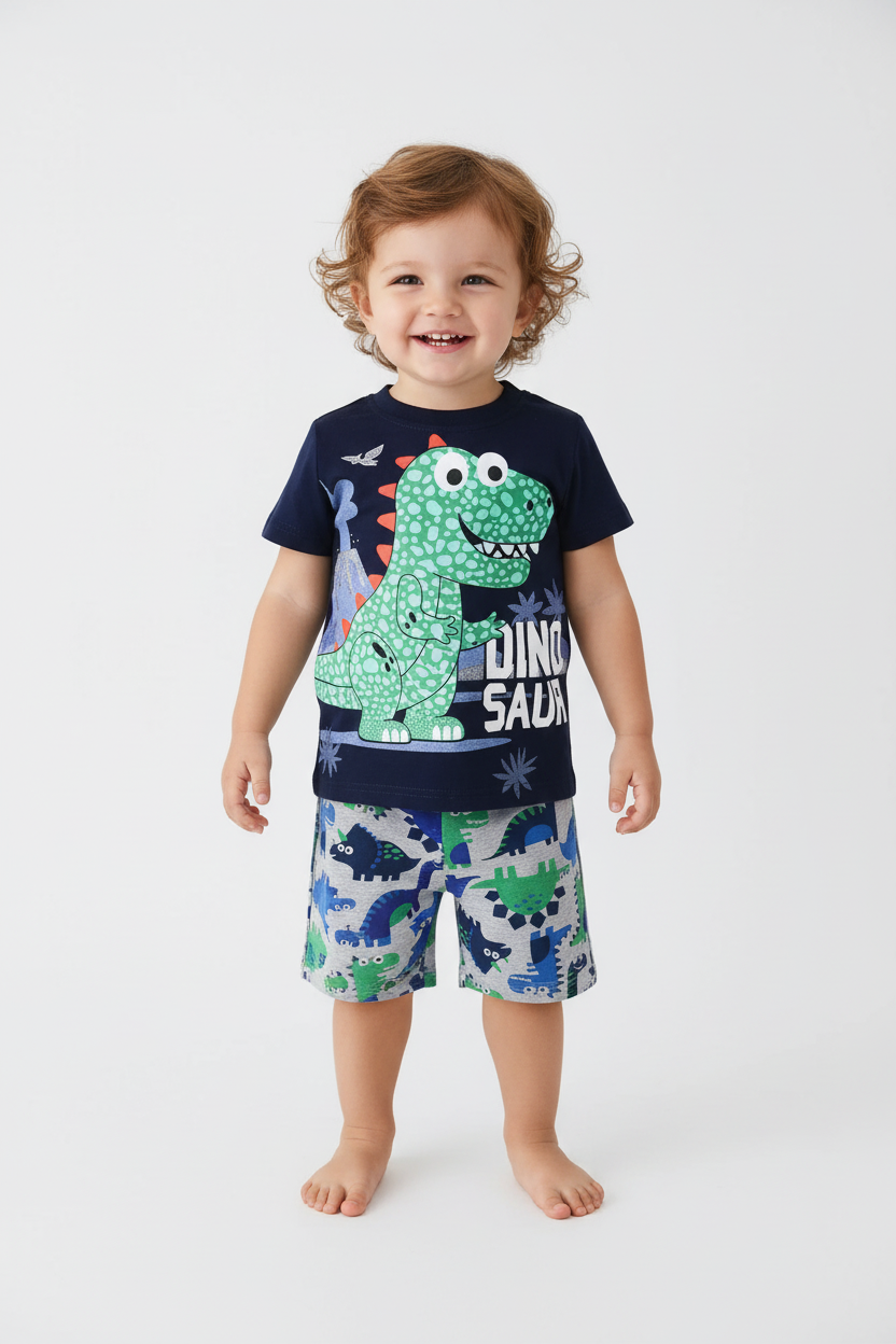 Enfant en ensemble dinosaure bleu marine - t-shirt DINOSAUR avec dinosaure vert et short gris motifs dinosaures - vue de face - BabyCoton