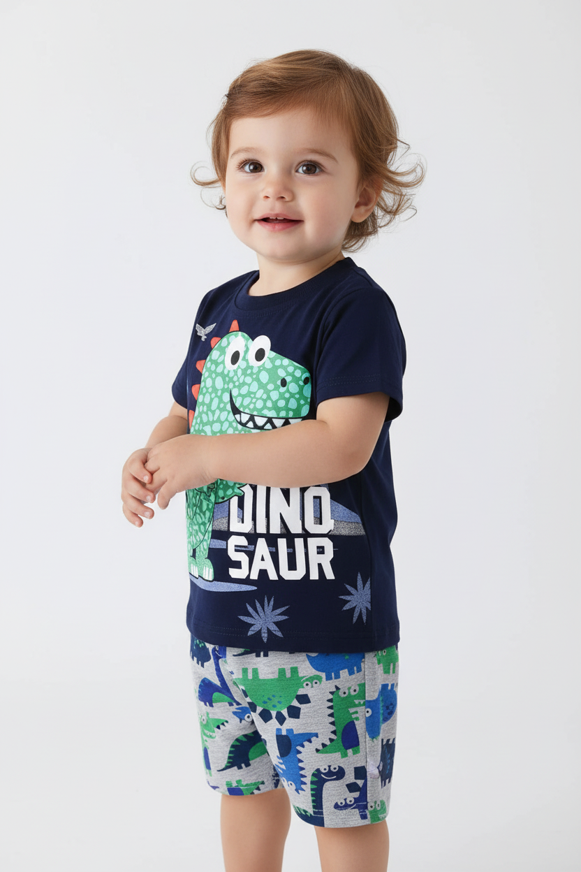 Enfant en ensemble dinosaure bleu marine - vue trois-quarts montrant ensemble complet 2 pièces - BabyCoton