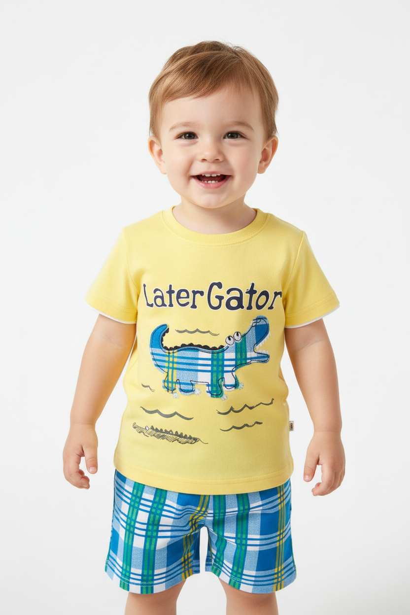 Enfant en ensemble Later Gator jaune - détail alligator à carreaux bleus turquoise avec texte Later Gator - BabyCoton