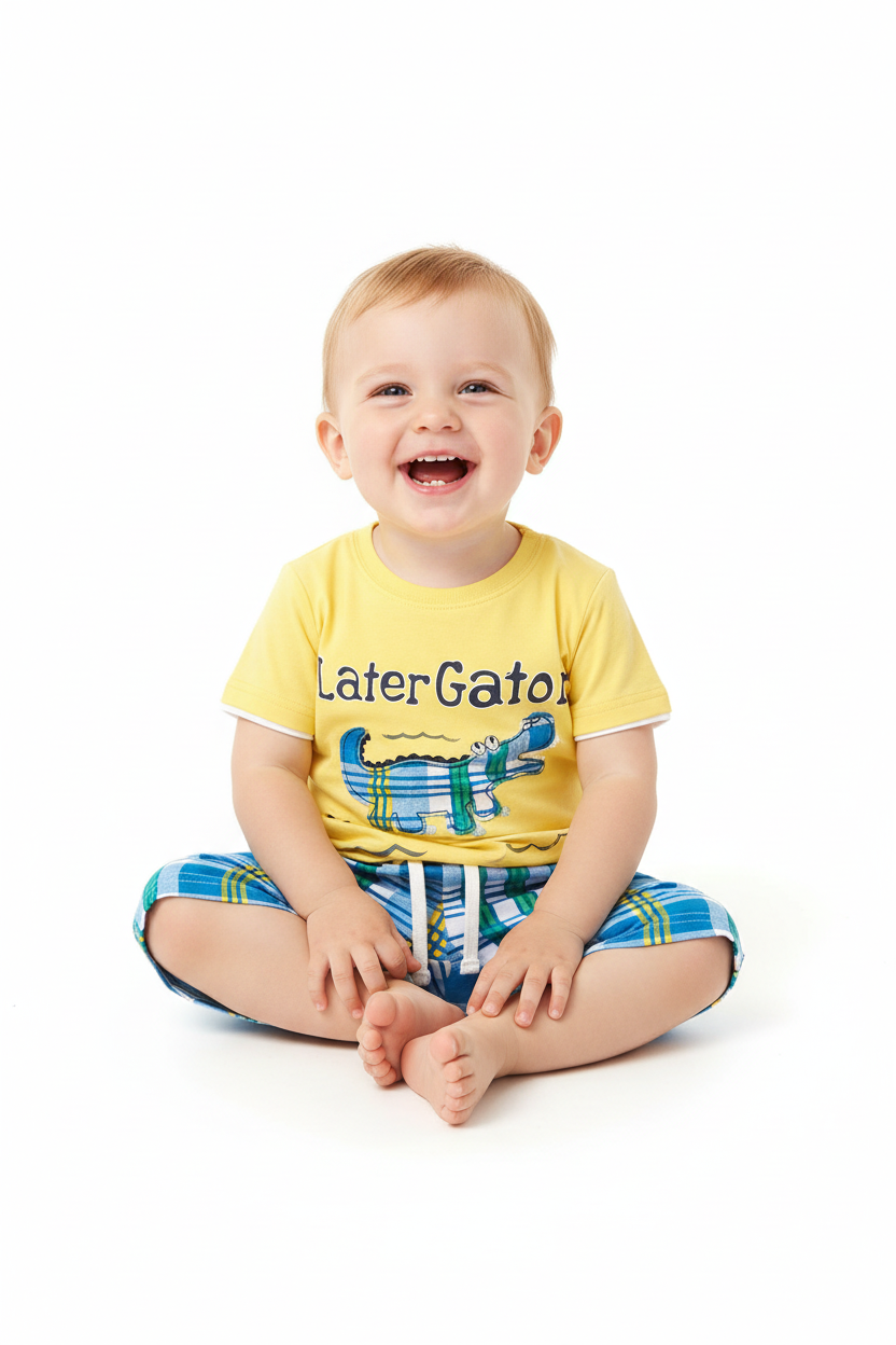 Enfant en ensemble Later Gator jaune - pose assise adorable - vêtement enfant confortable - BabyCoton