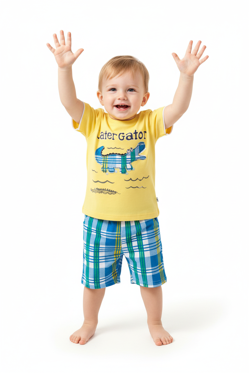 Enfant en ensemble Later Gator jaune - pose bras levés joyeuse - tenue ludique enfant - BabyCoton