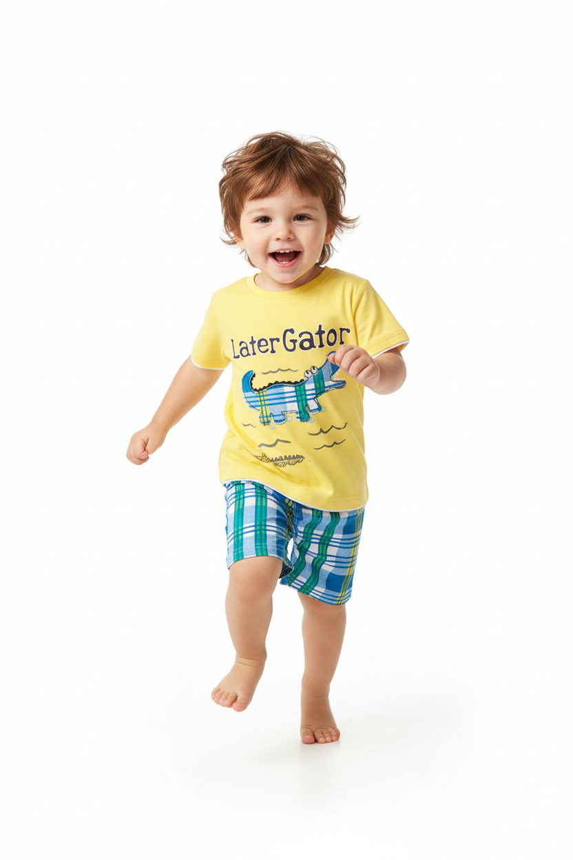 Enfant en ensemble Later Gator jaune - pose en course dynamique - tenue enfant confortable - BabyCoton