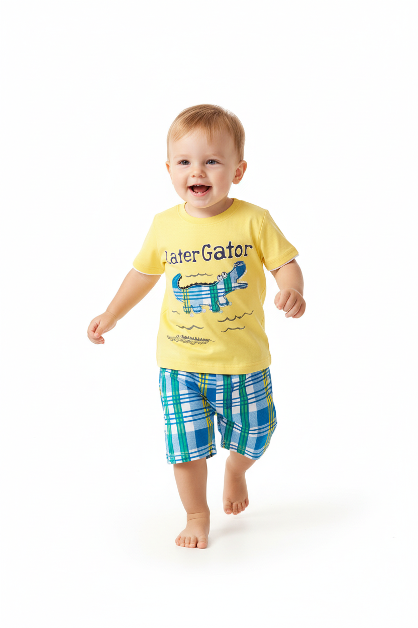 Enfant en ensemble Later Gator jaune - pose en marche - tenue décontractée enfant - BabyCoton
