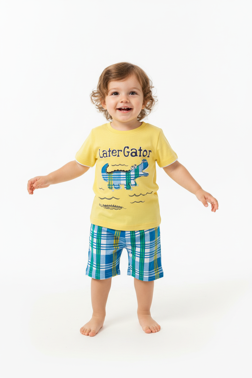 Enfant en ensemble Later Gator jaune - t-shirt alligator à carreaux bleus et short à carreaux bleu turquoise - vue de face - BabyCoton