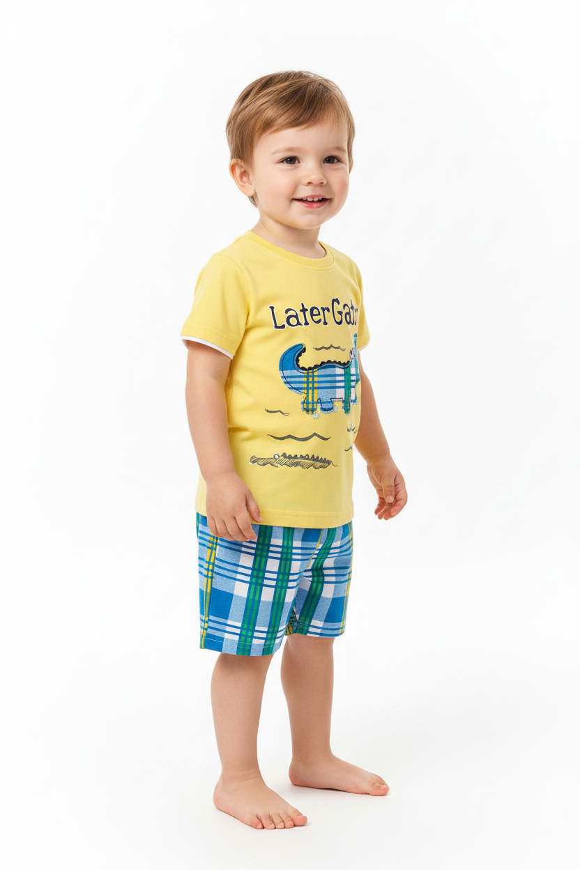 Enfant en ensemble Later Gator jaune - vue trois-quarts montrant ensemble complet 2 pièces - BabyCoton