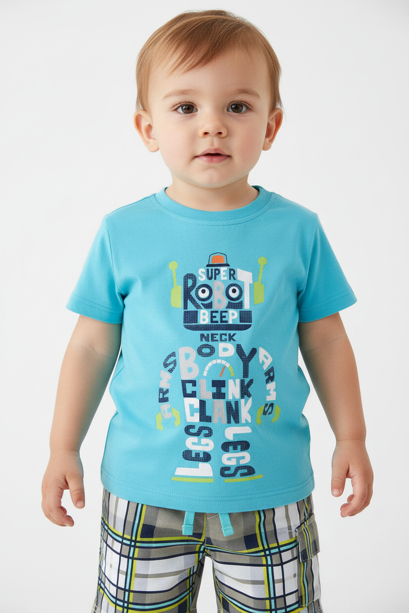 Enfant en ensemble robot bleu turquoise - détail robot composé de lettres colorées - BabyCoton