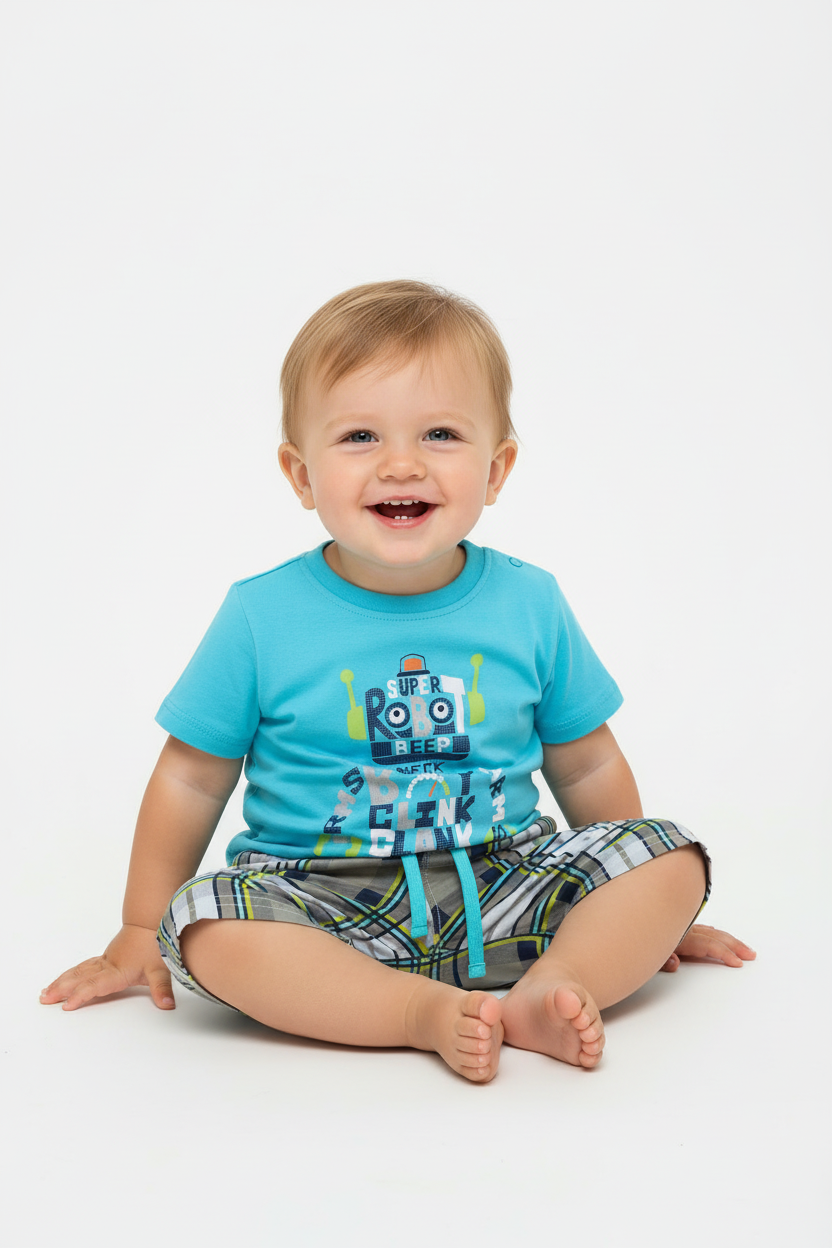 Enfant en ensemble robot bleu turquoise - pose assise adorable - vêtement enfant confortable - BabyCoton