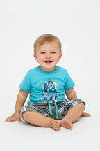 Enfant en ensemble robot bleu turquoise - pose assise adorable - vêtement enfant confortable - BabyCoton