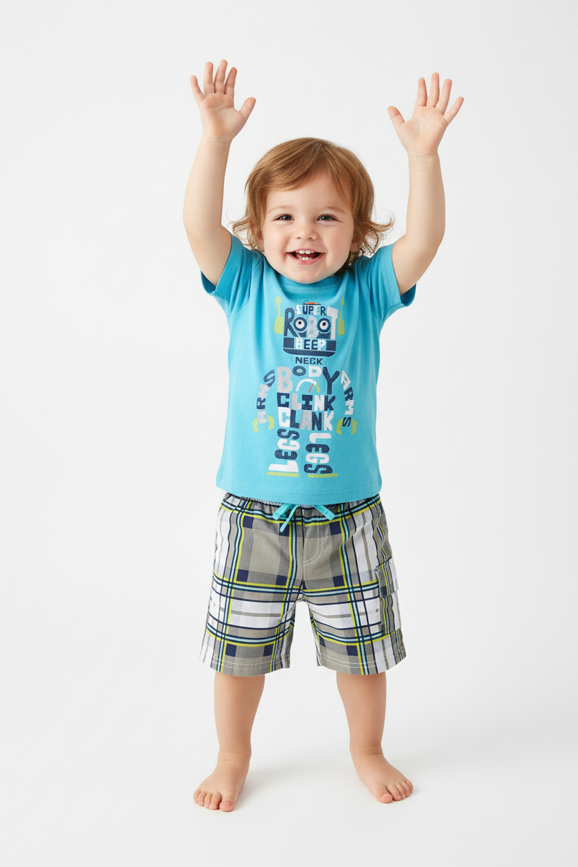 Enfant en ensemble robot bleu turquoise - pose bras levés joyeuse - tenue ludique enfant - BabyCoton