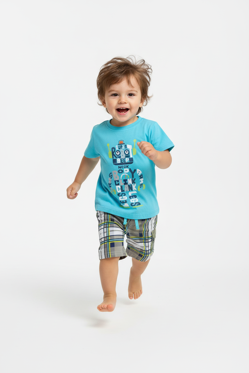 Enfant en ensemble robot bleu turquoise - pose en course dynamique - tenue enfant confortable - BabyCoton