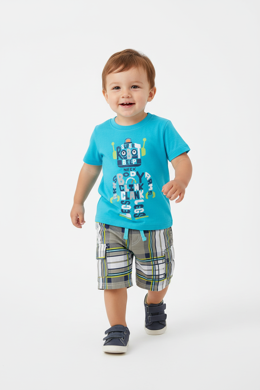 Enfant en ensemble robot bleu turquoise - pose en marche - tenue décontractée enfant - BabyCoton