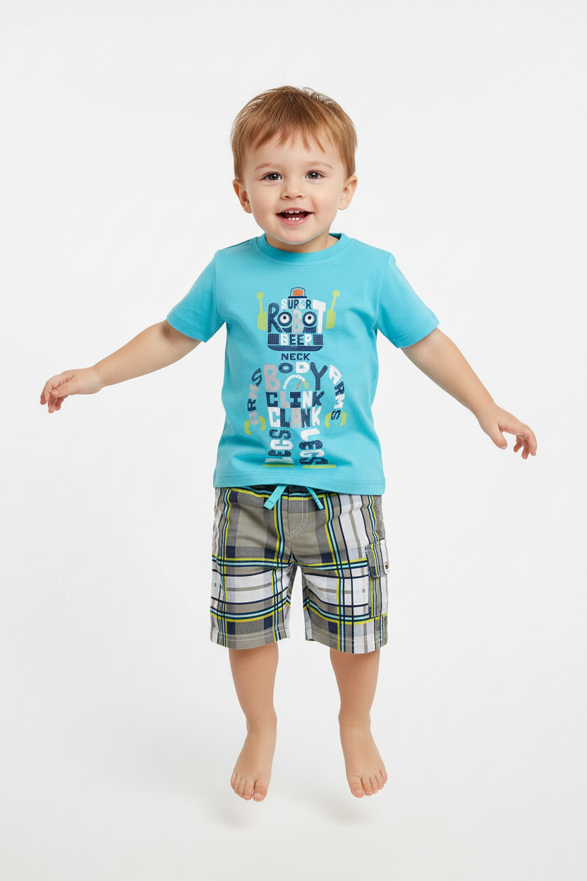 Enfant en ensemble robot bleu turquoise - saut joyeux - tenue enfant active - BabyCoton