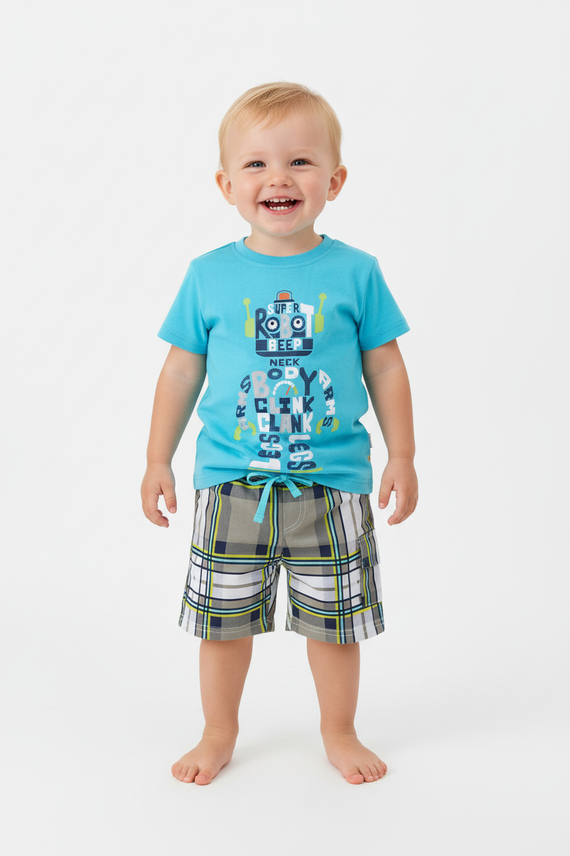 Enfant en ensemble robot bleu turquoise - t-shirt robot lettres colorées et short à carreaux gris jaune turquoise - vue de face - BabyCoton