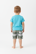 Enfant en ensemble robot bleu turquoise - vue de dos montrant t-shirt et short - BabyCoton