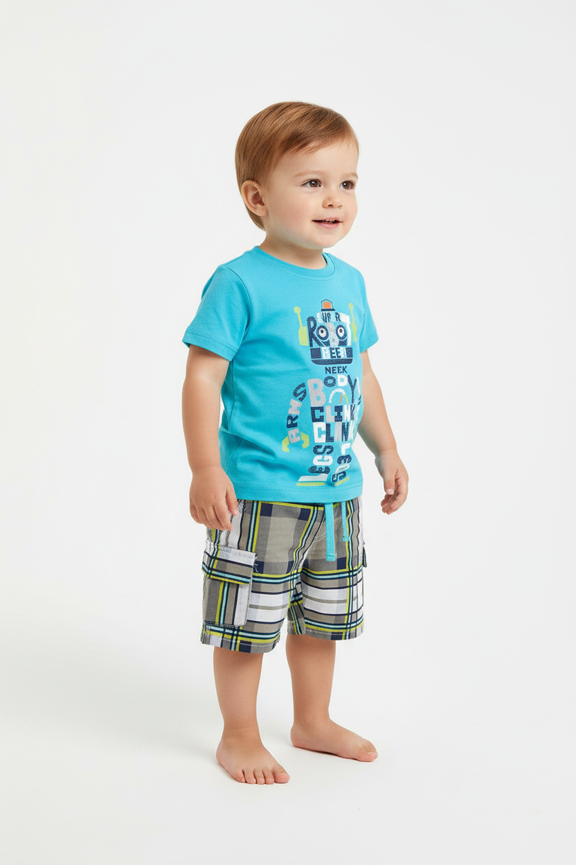 Enfant en ensemble robot bleu turquoise - vue trois-quarts montrant ensemble complet 2 pièces - BabyCoton