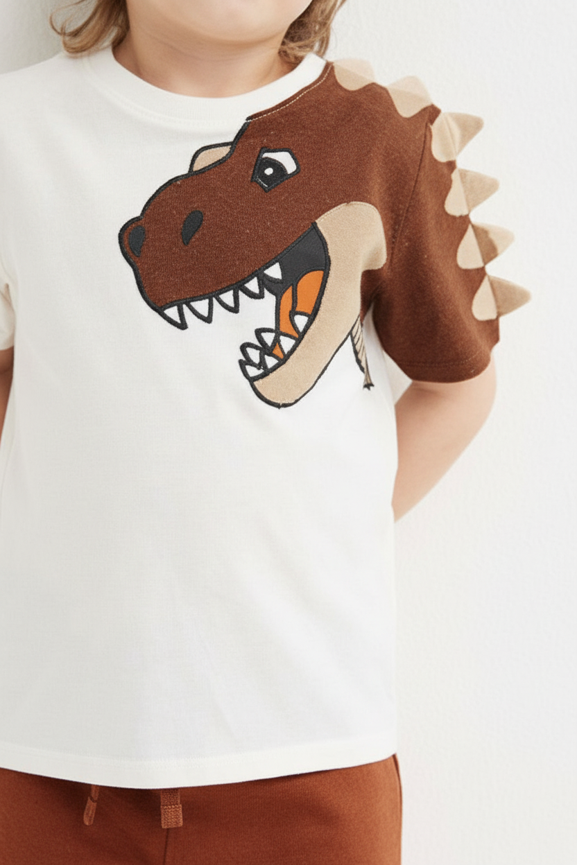 Enfant en ensemble T-Rex 3D blanc - détail appliqué T-Rex marron 3D avec picots beiges - BabyCoton
