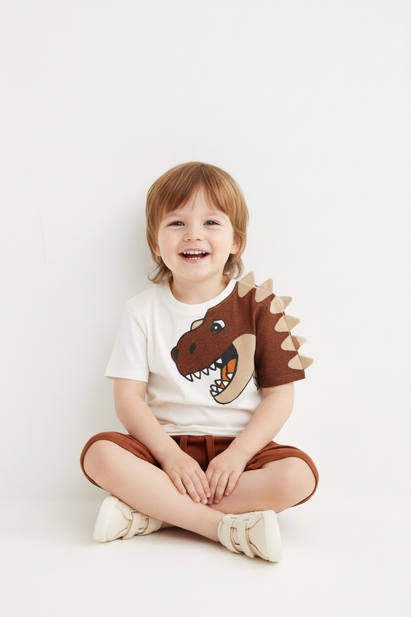 Enfant en ensemble T-Rex 3D blanc - pose assise adorable - vêtement enfant confortable - BabyCoton