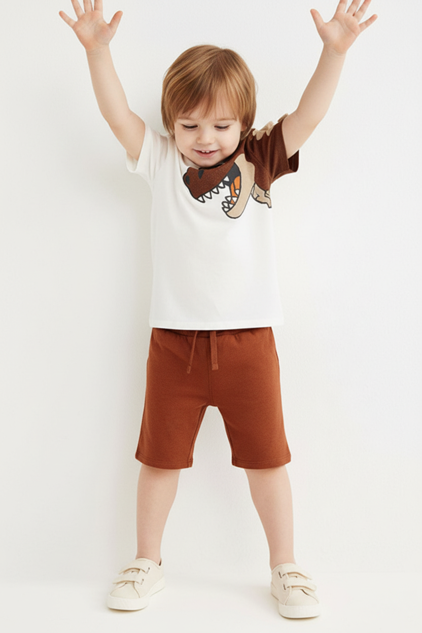 Enfant en ensemble T-Rex 3D blanc - pose bras levés joyeuse - tenue ludique enfant - BabyCoton