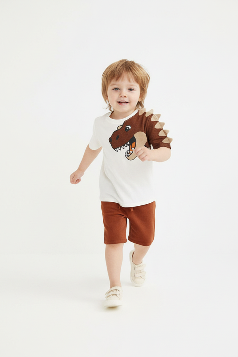 Enfant en ensemble T-Rex 3D blanc - pose en course dynamique - tenue enfant confortable - BabyCoton