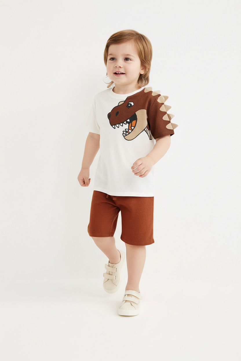 Enfant en ensemble T-Rex 3D blanc - pose en marche - tenue décontractée enfant - BabyCoton