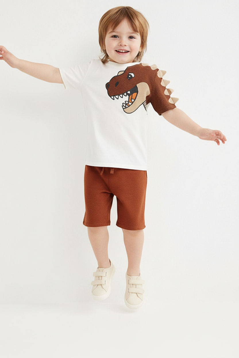Enfant en ensemble T-Rex 3D blanc - saut joyeux - tenue enfant active - BabyCoton