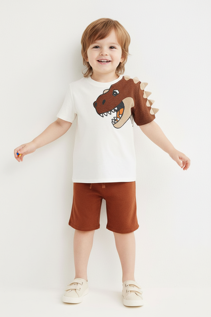Enfant en ensemble T-Rex 3D blanc - t-shirt appliqué dinosaure marron relief avec picots et short marron - vue de face - BabyCoton