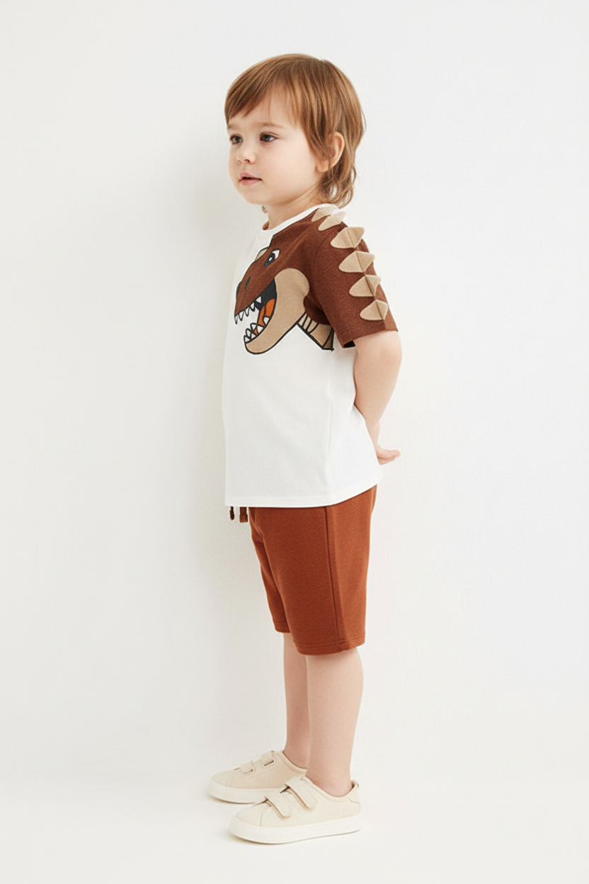 Enfant en ensemble T-Rex 3D blanc - t-shirt dinosaure 3D marron et short marron - vue de côté - BabyCoton