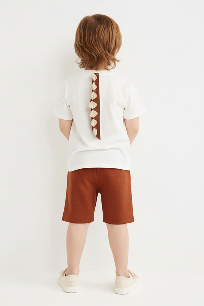 Enfant en ensemble T-Rex 3D blanc - vue de dos montrant t-shirt et short - BabyCoton