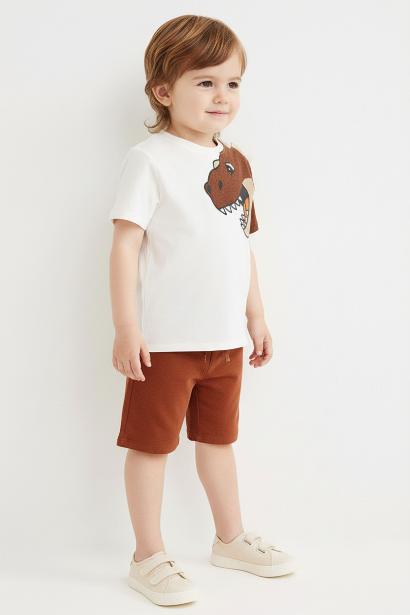 Enfant en ensemble T-Rex 3D blanc - vue trois-quarts montrant ensemble complet 2 pièces - BabyCoton