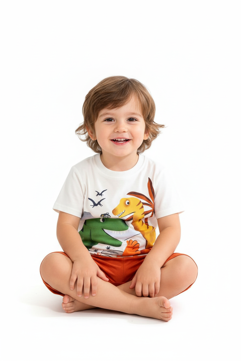 Enfant en ensemble trois dinosaures blanc - pose assise adorable - vêtement enfant confortable - BabyCoton