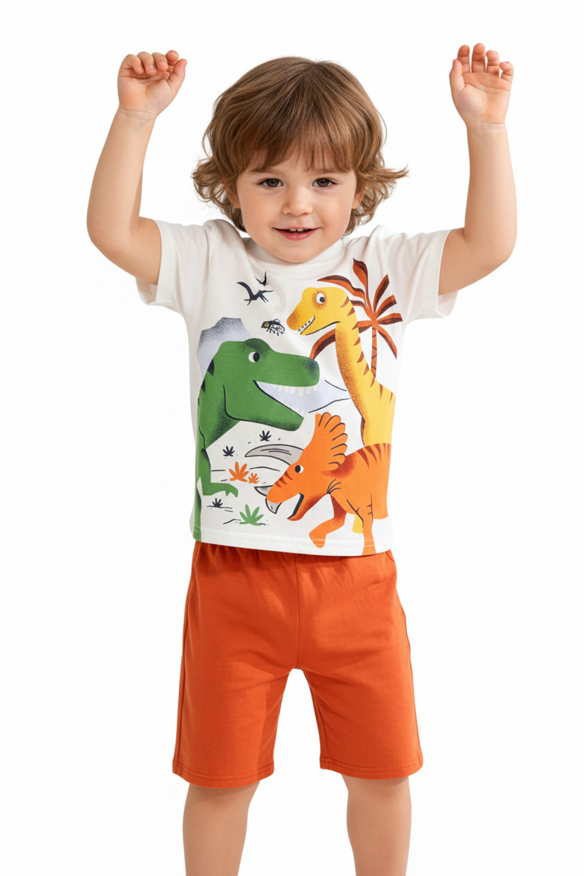 Enfant en ensemble trois dinosaures blanc - pose bras levés joyeuse - tenue ludique enfant - BabyCoton