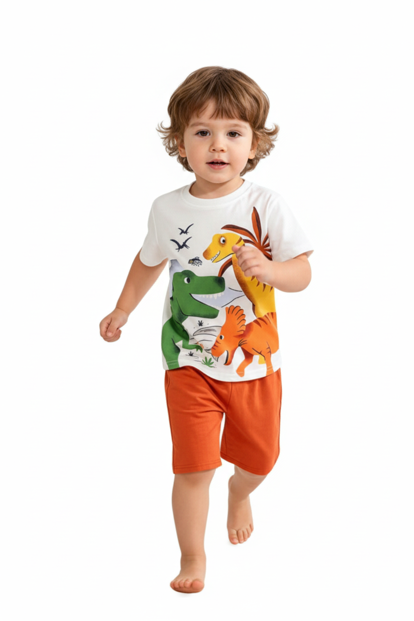 Enfant en ensemble trois dinosaures blanc - pose en course dynamique - tenue enfant confortable - BabyCoton