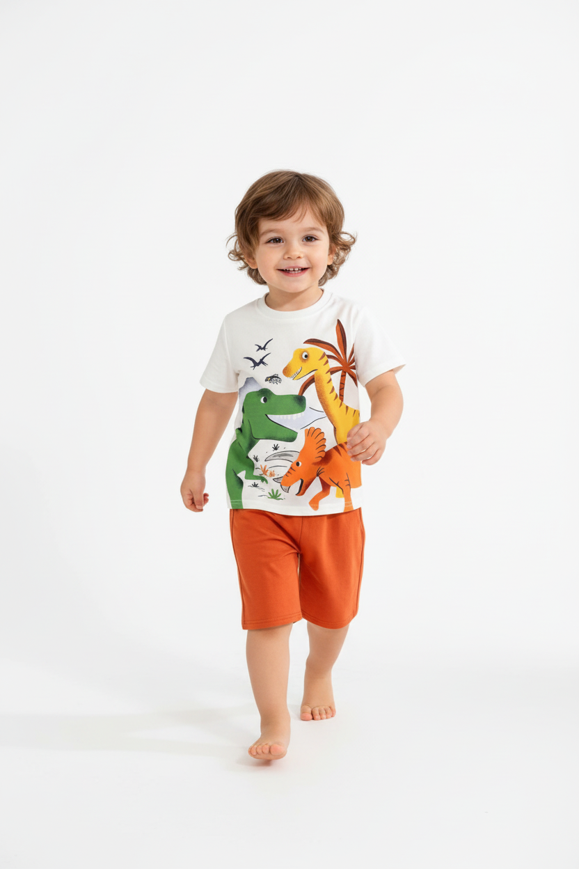 Enfant en ensemble trois dinosaures blanc - pose en marche - tenue décontractée enfant - BabyCoton