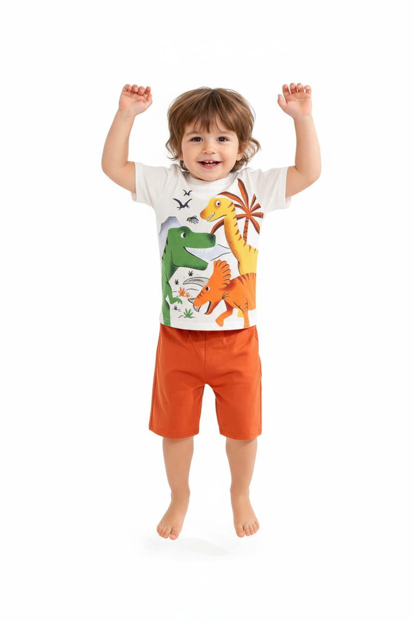 Enfant en ensemble trois dinosaures blanc - saut joyeux - tenue enfant active - BabyCoton