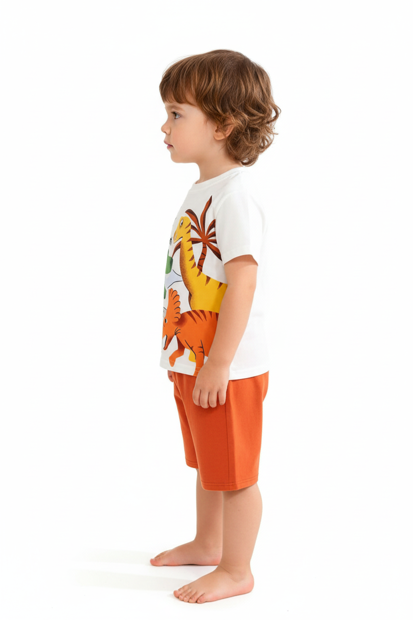 Enfant en ensemble trois dinosaures blanc - t-shirt T-Rex vert diplodocus jaune dinosaure orange et short orange - vue de côté - BabyCoton