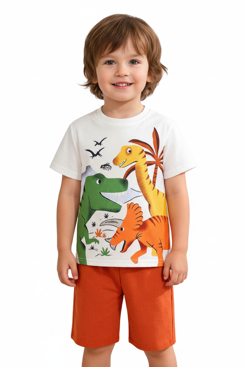 Enfant en ensemble trois dinosaures blanc - t-shirt trois dinosaures vert jaune orange avec palmier et short orange - vue de face - BabyCoton