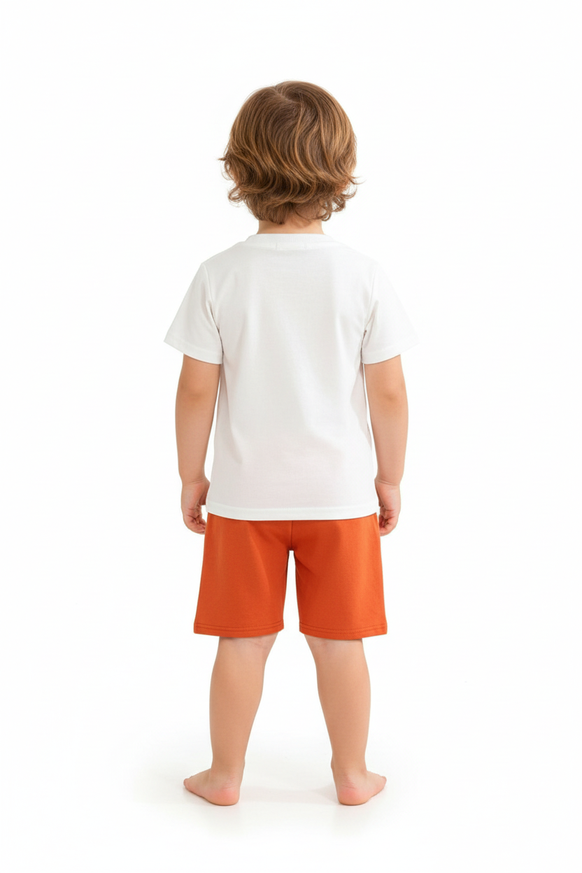 Enfant en ensemble trois dinosaures blanc - vue de dos montrant t-shirt et short - BabyCoton