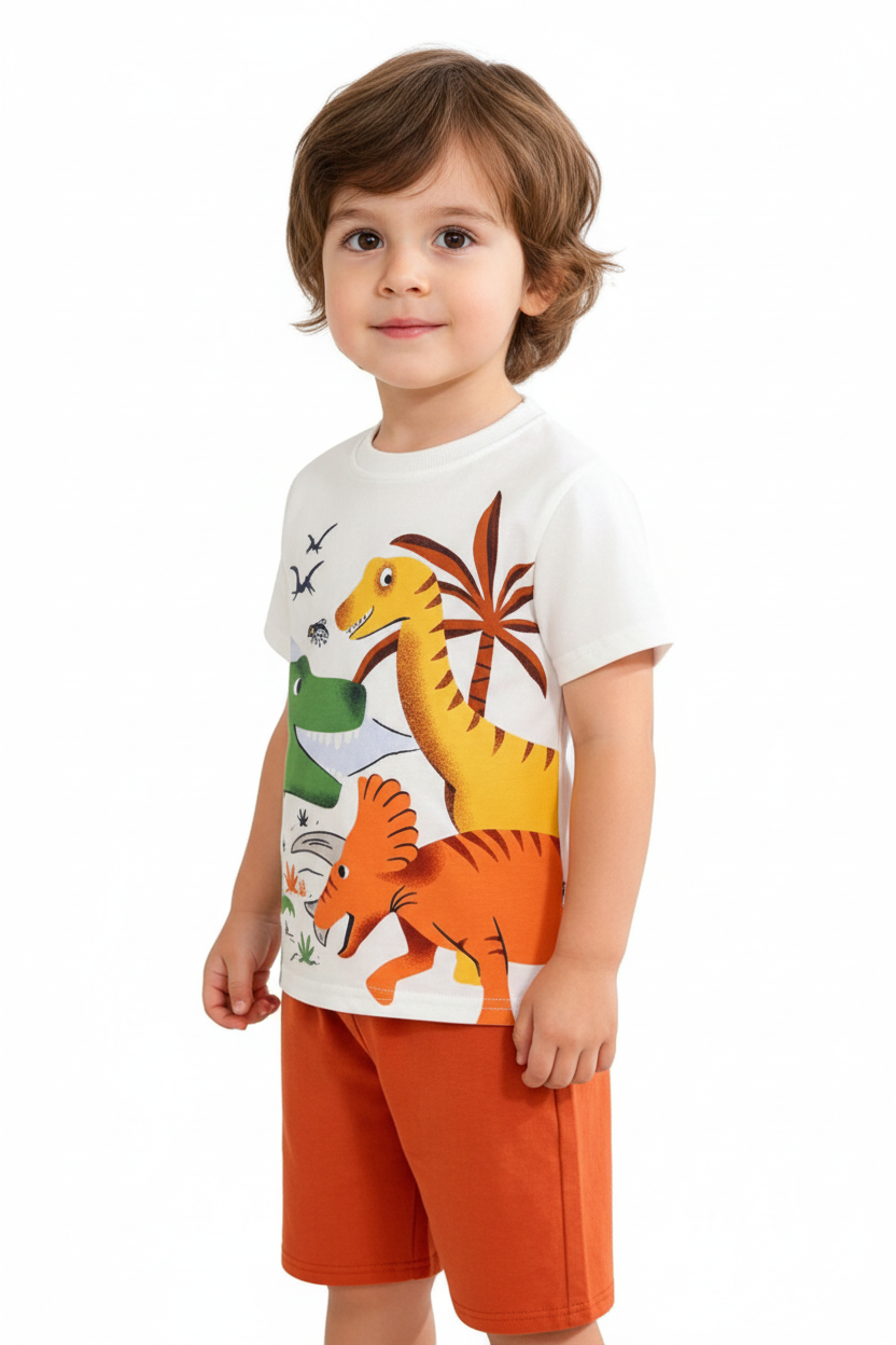 Enfant en ensemble trois dinosaures blanc - vue trois-quarts montrant ensemble complet 2 pièces - BabyCoton